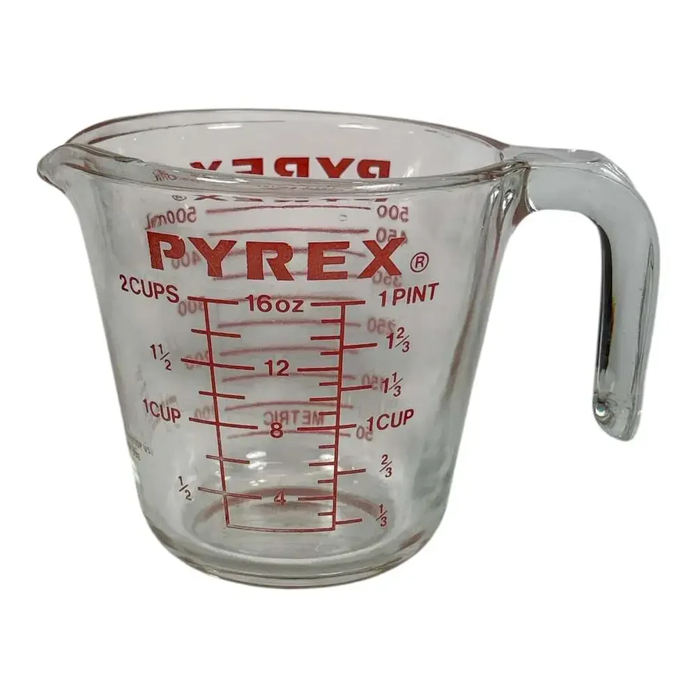 Vintage Pyrex Glass Measuring Cup Red Lettering Open J Handle 2 Cup 1 Pint Chip